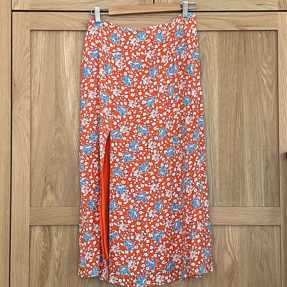 Maeve Orange Blue Wrap Midi Skirt